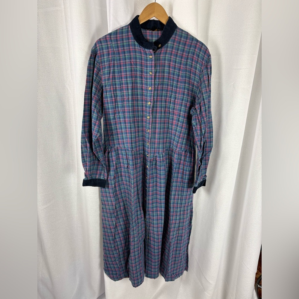 Eddie Bauer Vintage‎ Maxi Shirt Dress Plaid 100% Cotton Long Sleeve Prairie 90’s